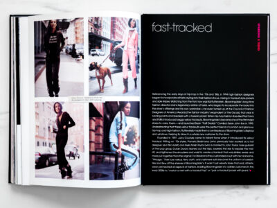 The cover of the issue of magazine.
(fast-trackea SPARKING TBE Referencing the early days of hip-hop in the 70s and 80s, in 1994 high-fashion designers began fo incorporate athletic stying into their foshion shows, mxing in fracksult-stye jackets and side stripes. Watching from the front row wos Kal Ruttenstein, Bloomingdales long-fime oju| srooj eu ejorodidou] Oj udDeq oum asdt co saaqd Kidpueo D puD aopooap uopsoy the store